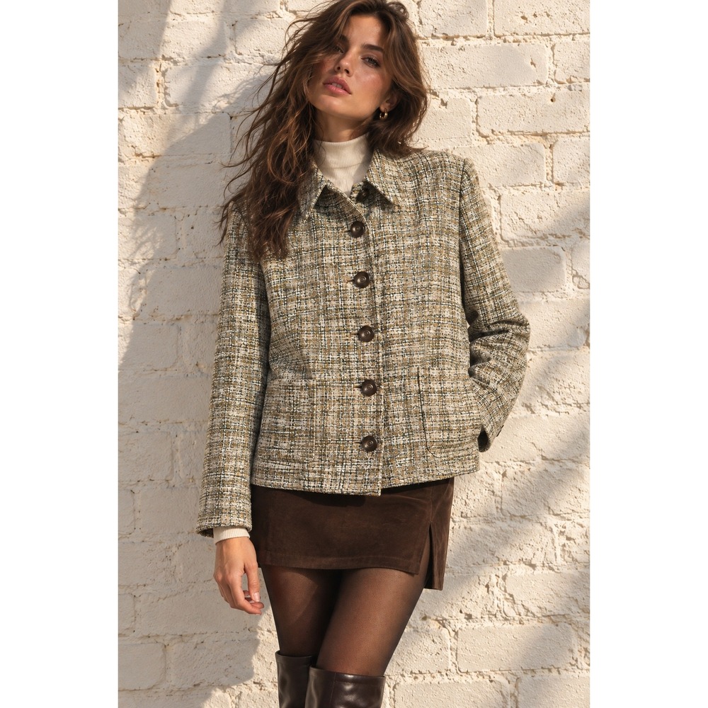 Vintage Doncaster Tan 100% Silk Tweed Button Front Blazer Jacket Quiet Luxury L